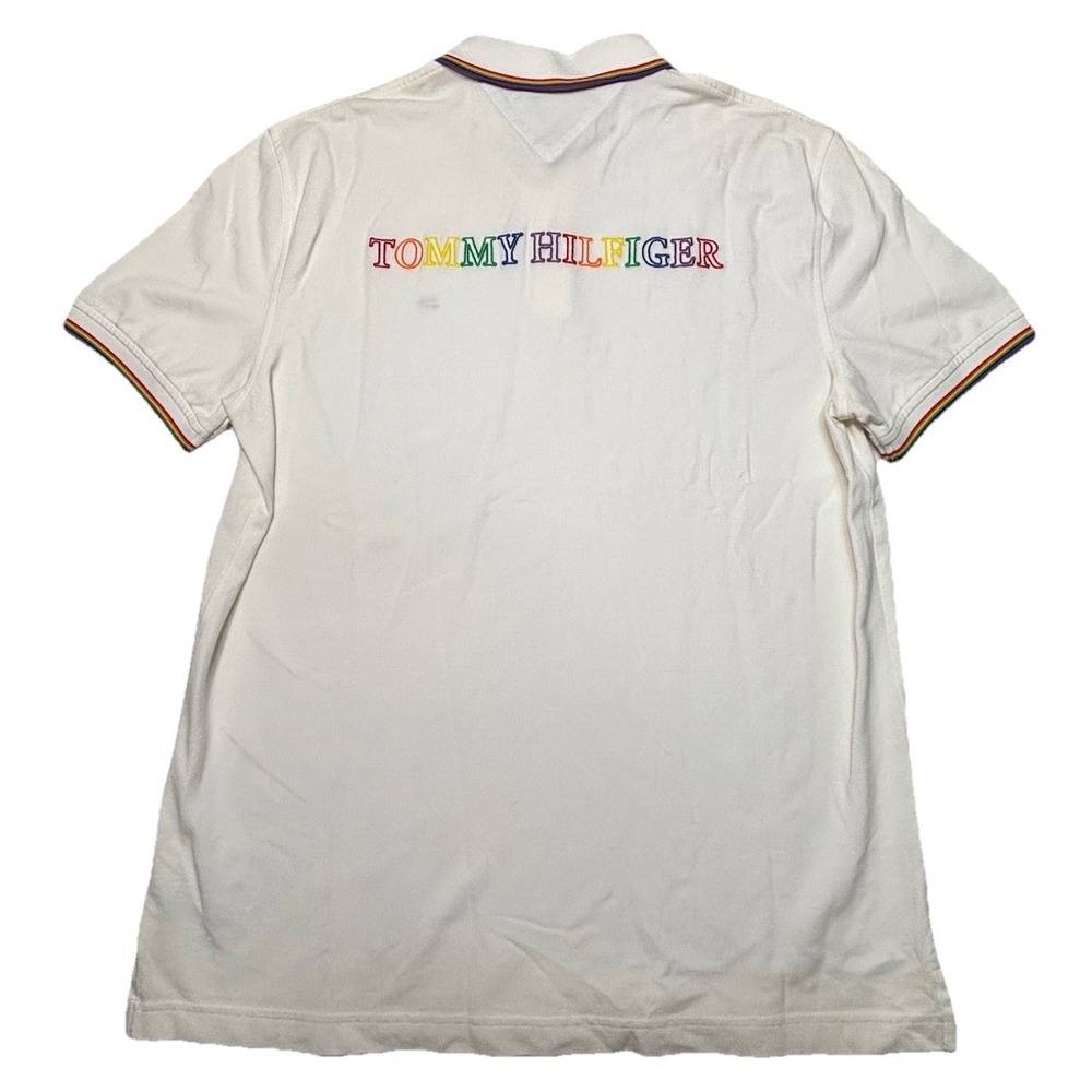 Tommy Hilfiger Pride Polo Shirt‎ Large White Rainbow Logo Preppy Casual